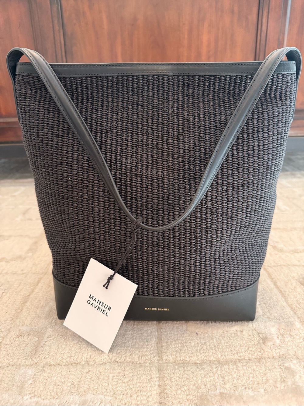 Mansur Gavriel Black Woven Tote with Leather Trim